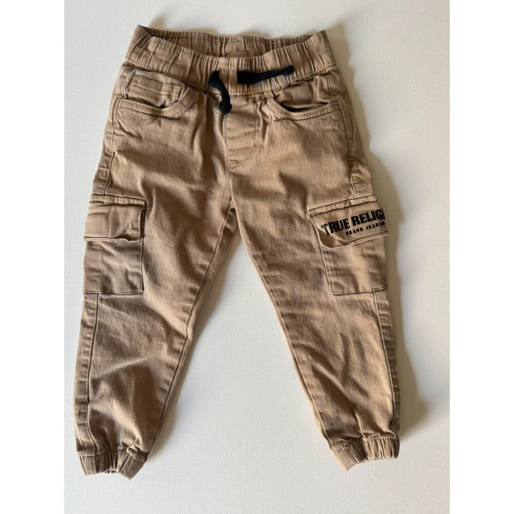 True Religion Toddler Boys Tan Cargo Jogger Pants Logo Utility Drawstring 0041